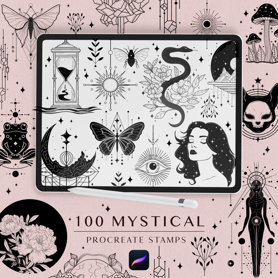 100 Witchy Procreate Stamps: Mystical Moths, Skulls, Cats (brushset ...