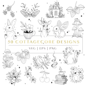 Cottagecore svg bundle, farfalla svg, fiore svg, simpatici animali e piante illustrazioni vettoriali