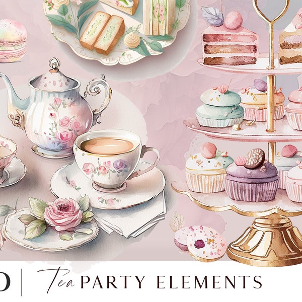 Tea party clipart, English vintage tea cup clipart png, Elegant afternoon tea, including teacups, teapots, cakes, sandwiches, 30 png