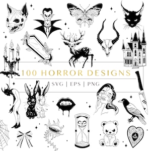 May include: A set of 100 black and white horror-themed illustrations. The illustrations include a vampire, a skull, a haunted house, a spider web, a bat, a knife, a rabbit, a deer, a butterfly, a candle, a coffin, and more. The text "100 Horror Designs" is written in a gold font at the top of the image. The text "SVG | EPS | PNG" is written in a smaller font below the title.