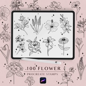 May include: A digital illustration of 100 black and white flower stamps for Procreate. The image shows a tablet screen with a grid of 12 flower designs, and the text "100 FLOWER PROCREATE STAMPS".