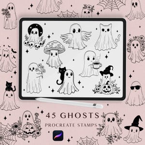 May include: A set of 45 black and white ghost illustrations for Procreate. The ghosts are in various poses, including flying, holding a cup of coffee, wearing a witch's hat, and holding a cat. The illustrations are perfect for adding a spooky touch to your digital art.