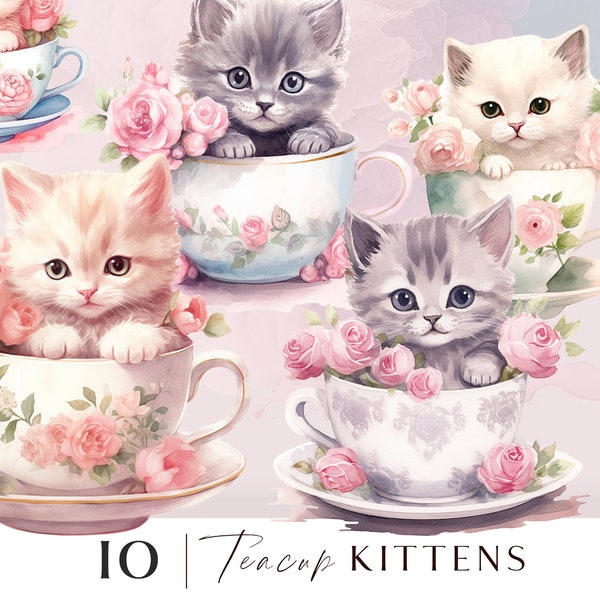 Tea party clipart, vintage tea cup clipart png, teacups with flowers and cute kittens illustrations for personal and commercial use, 10 png