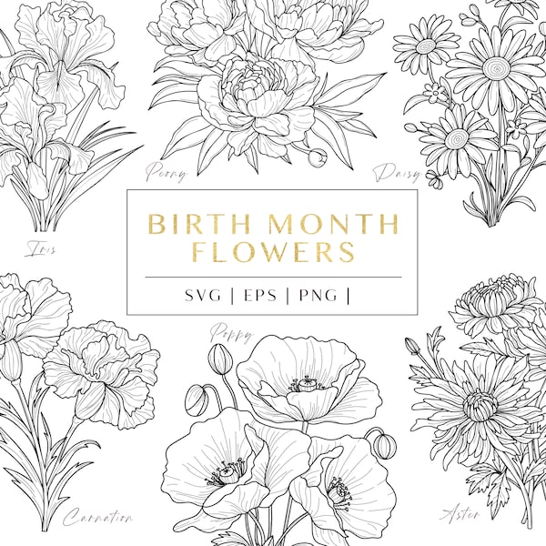 Birth month flower svg, Simple flower SVG, PNG, and EPS. Rose, peony, daisy, poppy, daffodil and many more. 24 unique floral illustrations.