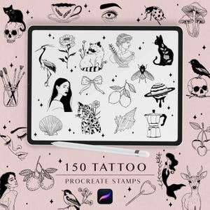 May include: A set of 150 black and white tattoo-style Procreate stamps. The stamps feature a variety of designs, including animals, plants, and abstract shapes. The text "150 Tattoo Procreate Stamps" is displayed at the bottom of the image.