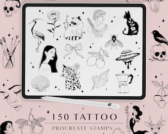 150 Tattoo Procreate Stamps: Flowers, Skulls, Animals (.brushset File)