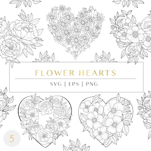 Corazón de flores svg, corona de corazón svg, rosa, peonía, margarita y flor silvestre. 5 ilustraciones florales únicas para uso personal y comercial