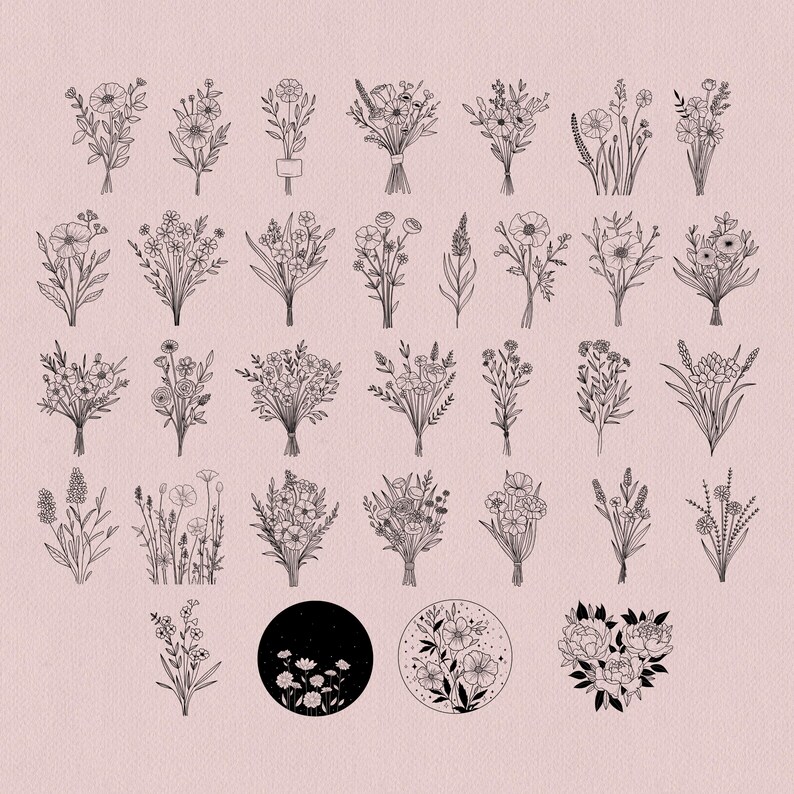 100 Hand-drawn Floral Procreate Stamps: Tattoo & Art Brushes (digital ...