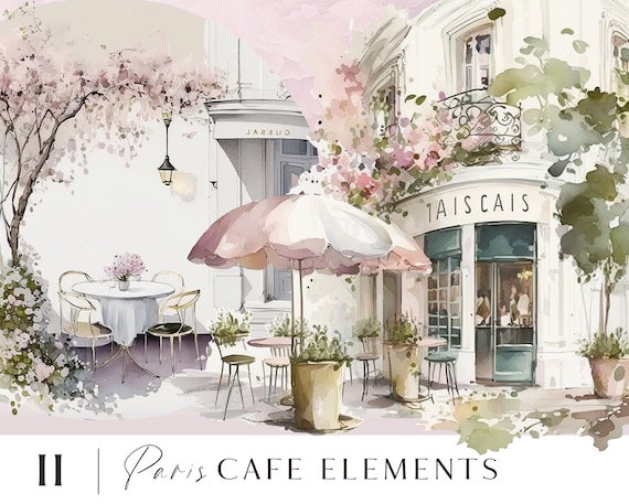 Paris Cafe Watercolor Clipart: Romantic French PNG Set (11 Files)