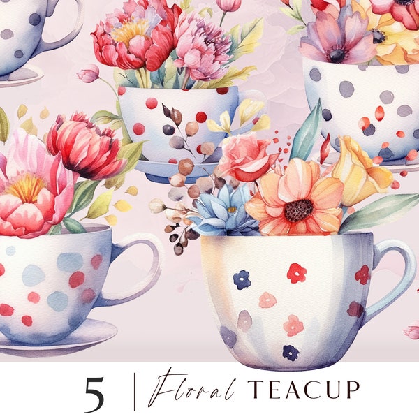 Tea party clipart, vintage tea cup clipart png, Polka dot teacups with flowers clip art illustrations for personal and commercial use, 5 png