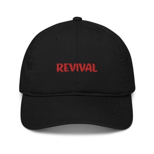 Organic Unisex Baseball Cap with red embroidery, Revival, Fire on back, Inspirational baseball cap, Faith Baseball cap, fashion, accessory