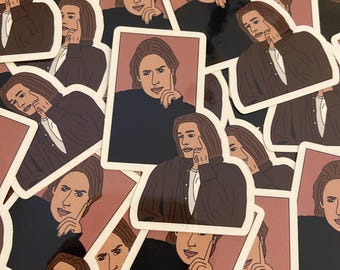 Könnte beinhalten: Eine Sammlung von Aufklebern mit einer Cartoon-Illustration einer Person mit braunen Haaren, die ein braunes Hemd und ein weißes Unterhemd trägt, mit dem Finger am Kinn, als würde sie nachdenken. Die Aufkleber befinden sich auf einem weißen Hintergrund.