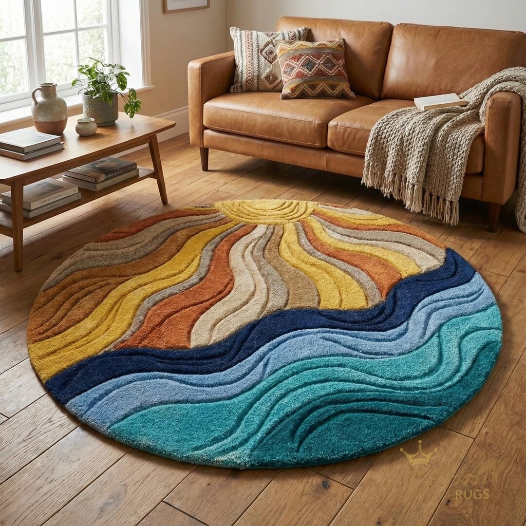 Wave Rugs Hand Tufted Sun & Ocean Wave Round Rug, Bold Abstract Sunburst and ...