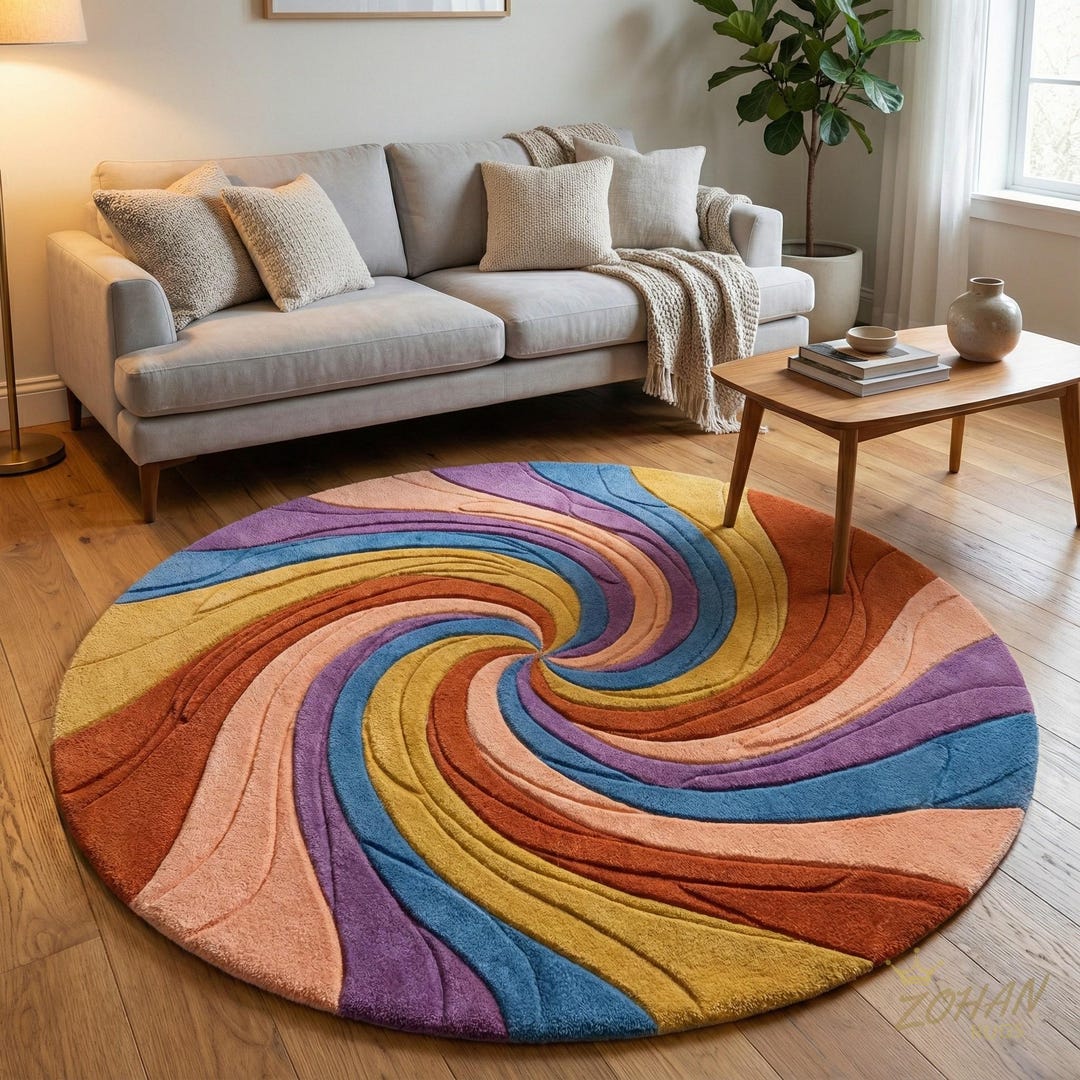 Modern Abstract Spiral Round Wool Rug, Hand Tufted Multicolor Swirl ...