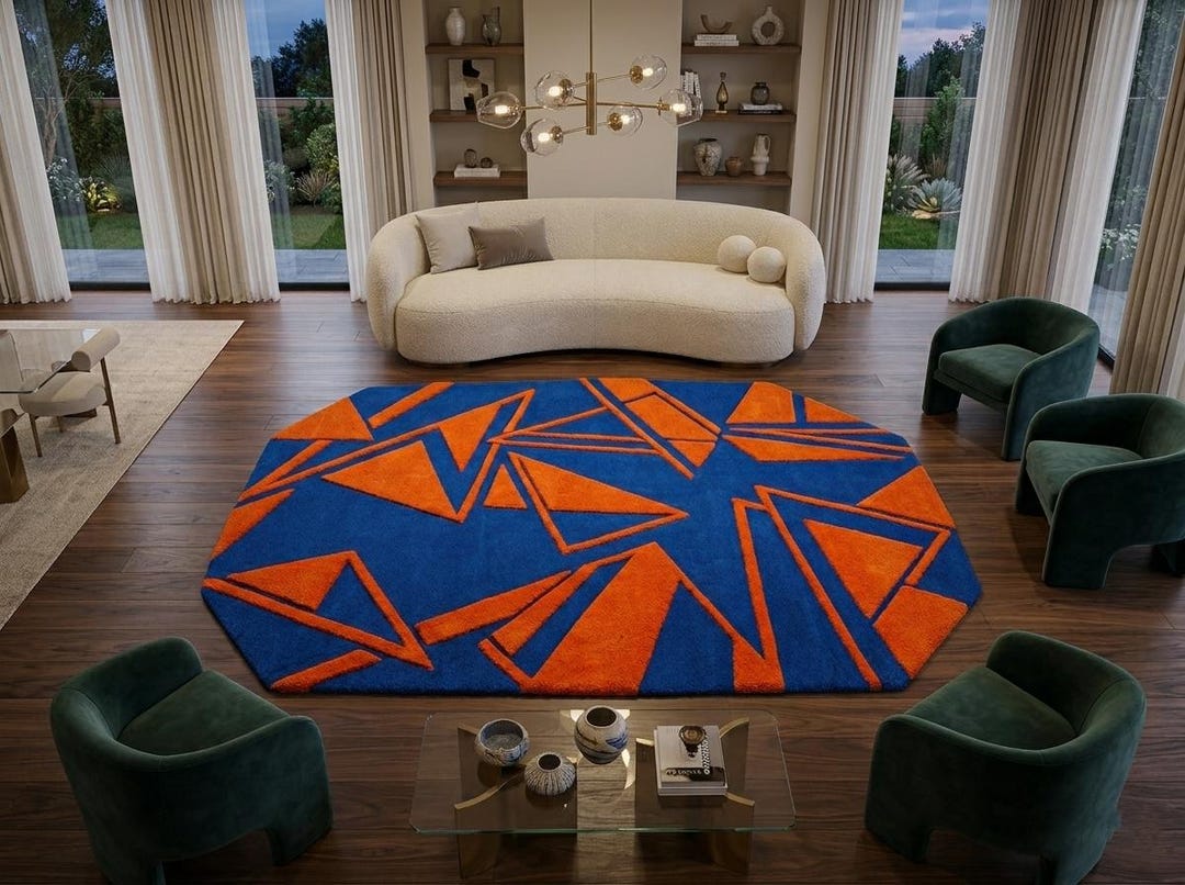 Hand-tufted Wool Area Rug, Geometric Abstract Cobalt Blue Orange Design ...