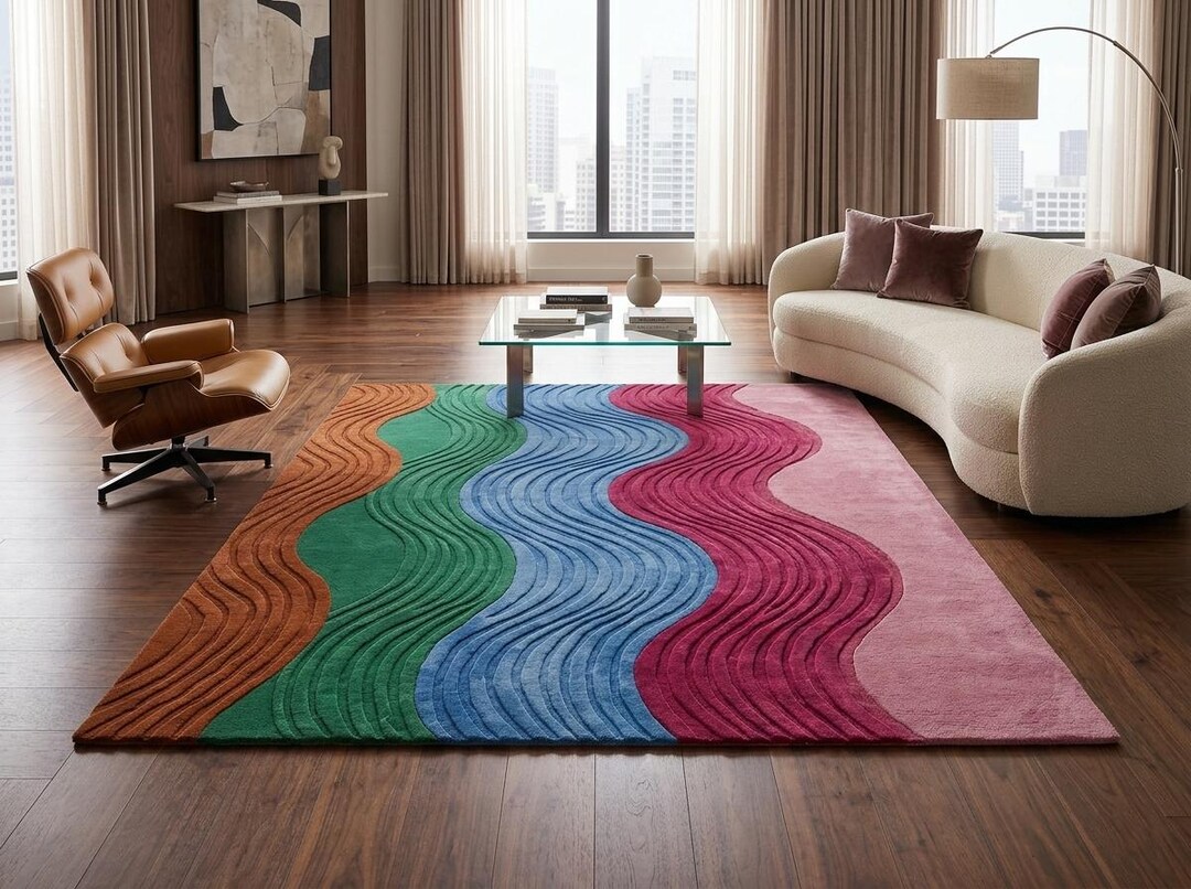 Hand Tufted Wool Rug, Modern Abstract Wavy Blocks, Multi-color Area ...