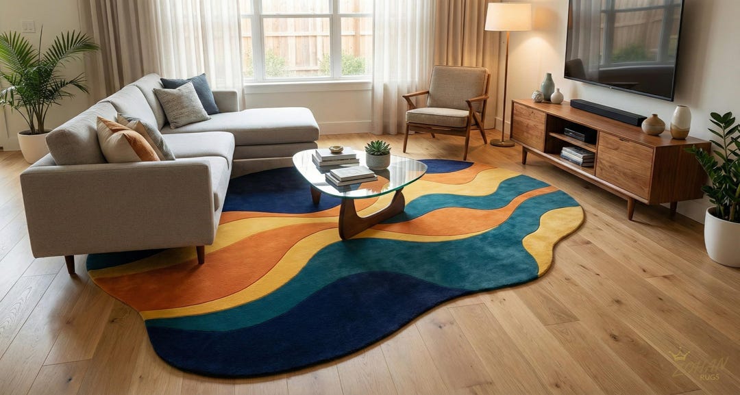 Modern Abstract Wavy Irregular Shape Rug, Hand Tufted Navy Teal ...