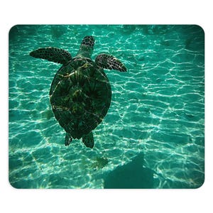 May include: A sea turtle swims in clear turquoise water. The turtle's dark green shell and flippers are visible as it glides through the sunlit water. The image captures the beauty of marine life and the underwater environment.