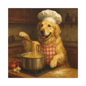 Golden Retriever Chef Canvas Art, Dog Cooking Wall Decor, Pet Lover Gift, Kitchen Decoration, Animal Art Print