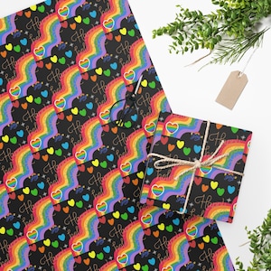 Gay Christmas Wrapping Paper, Queer Holiday Gift Wrap, Xmas Rainbow Wrap, Gay Fun Wrapping Paper (black)