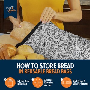 May include: How to store bread in reusable bread bags. A person is shown putting a loaf of bread into a white bread bag with a black trim. The bag has a black and white pattern of various bread shapes. The steps are numbered and include: 1. Put the bread in the bag, 2. Squeeze out excess air, 3. Roll down and clip for storage.