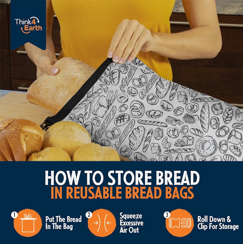 May include: How to store bread in reusable bread bags. A person is shown putting a loaf of bread into a white bread bag with a black trim. The bag has a black and white pattern of various bread shapes. The steps are numbered and include: 1. Put the bread in the bag, 2. Squeeze out excess air, 3. Roll down and clip for storage.