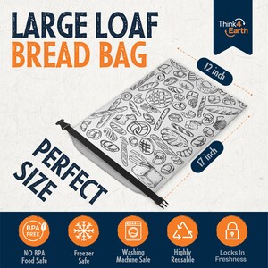 May include: A white bread bag with a black drawstring closure and a pattern of various bread shapes. The bag is 17 inches by 12 inches and is labelled "Large Loaf Bread Bag". The bag is also labelled "Think4Earth" and has icons indicating that it is BPA free, freezer safe, washing machine safe, reusable, and locks in freshness.