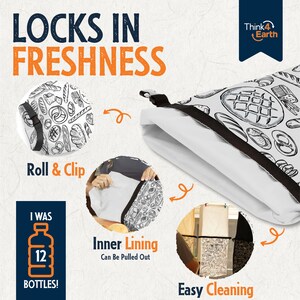 May include: A white reusable food storage bag with a black zipper and a black and white pattern of bread and pastries. The bag is rolled up and clipped closed. The text "Think4 Earth" is in the top right corner of the image. The text "Locks in Freshness" is in the top left corner of the image. The text "Roll & Clip" is below the bag. The text "I Was 12 Bottles!" is in the bottom left corner of the image. The text "Inner Lining Can Be Pulled Out" is in the bottom middle of the image. The text "Easy Cleaning" is in the bottom right corner of the image.