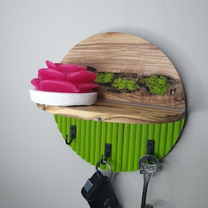 Botanische sleutelhouder cadeau, sleutelhouder zachtgroene kleur sleutelhouder entree, sleutelorganizer, olijfhouten sleutelhouder levend Noors mos, rond