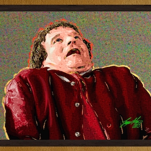 May include: A framed pop art print of a person looking upwards with an open mouth. The person is wearing a dark red jacket with buttons. The background is a mix of colors. The print is signed in green.