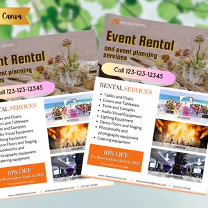 DIY event rental services flyer | brand awareness event planning flyer | Customizable party Flyer | CANVA event equipment Flyer
