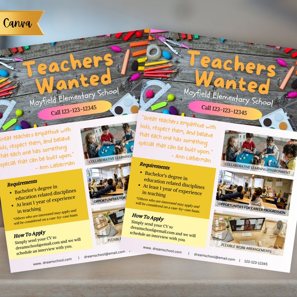 Teachers Wanted Flyer | editable Elementary School Teacher flyer | Hiring Teachers | Caretakers | School Hiring Drive