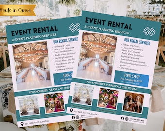 DIY event rental services flyer | brand awareness event planning flyer | Customizable party Flyer | CANVA event equipment Flyer