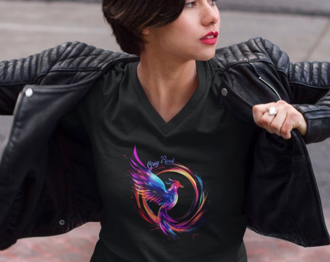 Grey Rock Vibrant Phoenix Design - Stylish and Comfortable Unisex Jersey Short Sleeve V-Neck Tee
