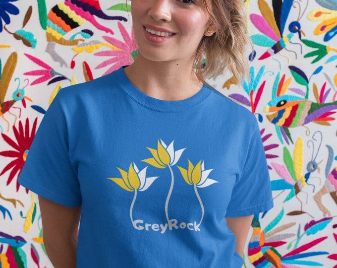 Trendy Grey Rock "Sacred Blooms" tee, featuring the symbolic Lotus Flower design, 100% cotton Unisex Softstyle T-Shirt