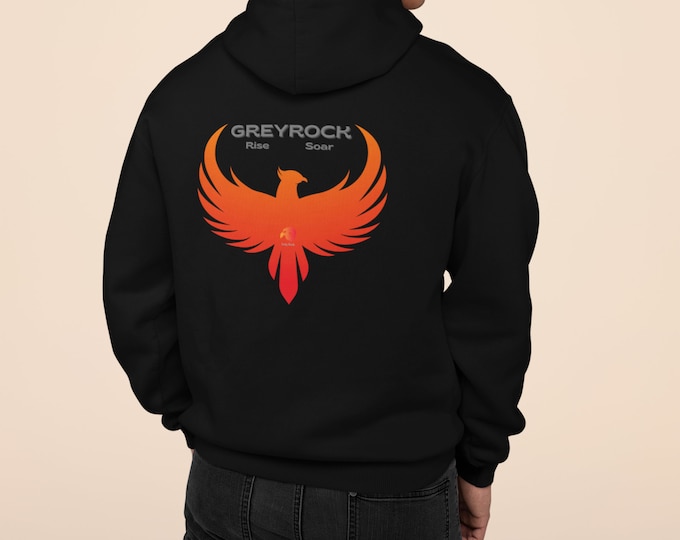 Best Seller Grey Rock "Rise and Soar" Hoodie, Unique Phoenix design,
