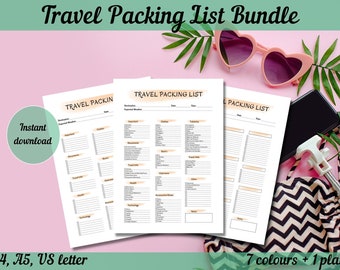 Paquete imprimible de lista de equipaje para viajes, paquete digital de lista de equipaje para vacaciones, 3 estilos (secciones personalizables, precargadas y rellenables)