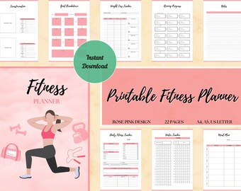 May include: A printable fitness planner with a pink and white design. The planner includes pages for goal breakdown, weight loss tracking, running progress, meal plans, and water intake tracking. The cover features a woman exercising with dumbbells and a pink gym bag.
