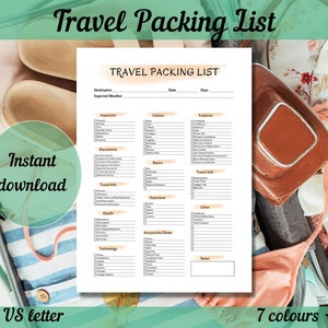 Travel Packing List Printable, Vacation Packing List Digital, Prefilled Sections with Checkboxes, A4 A5 US Letter