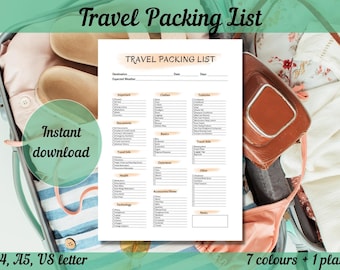 Travel Packing List Printable, Vacation Packing List Digital, Prefilled Sections with Checkboxes, A4 A5 US Letter