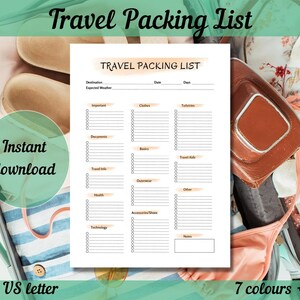 Travel Packing List Printable, Vacation Packing List Digital, In orange, blue, yellow, red, grey, pink, purple, plain, A4 A5 US Letter