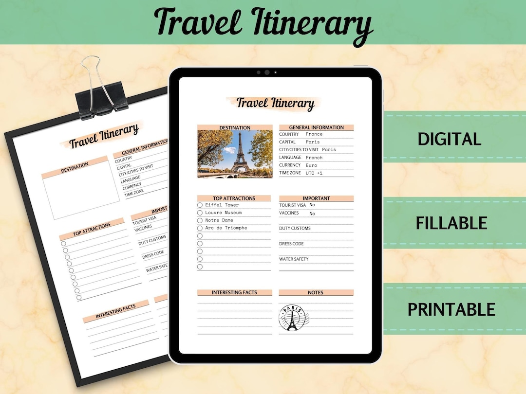 Travel Itinerary Digital Trip Itinerary Printable Editable - Etsy