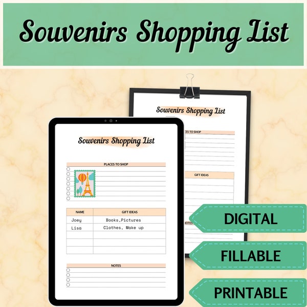 Travel Souvenirs Shopping List Digital, Holiday Shopping List Planner Printable, Fillable and Editable PDF Template, A4 A5 US Letter size