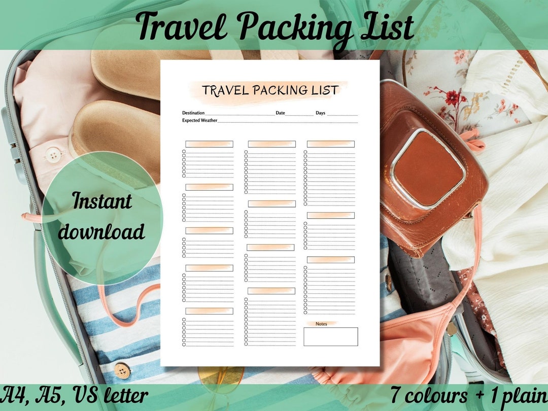 Travel Packing List Printable, Vacation Packing List Digital ...