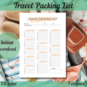 Lista de equipaje de viaje imprimible, lista de equipaje de vacaciones digital, secciones personalizables y rellenables, tamaño A4, A5, carta estadounidense
