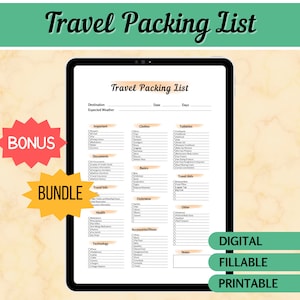 EDITABLE Digital Travel Packing List Bundle, Printable Vacation Packing List, PDF and Excel Planner, Minimalistic Design, A4 A5 US Letter