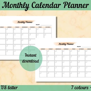 Horizontal Monthly Printable Planner, Undated Digital Monthly Calendar, Week Starting Monday or Sunday, Month at a Glance PDF