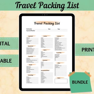 EDITABLE Digital Travel Packing List Bundle, Printable Vacation Packing List, PDF and Excel Planner, Minimalistic Design, A4 A5 US Letter