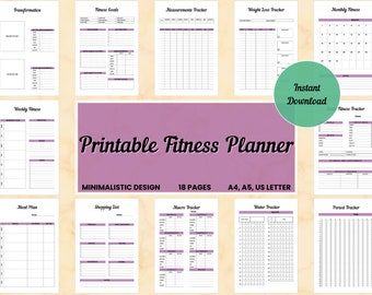 May include: Printable fitness planner with 18 pages, including a transformation tracker, fitness goals, measurements tracker, weight loss tracker, monthly fitness tracker, weekly fitness tracker, meal plan, shopping list, macro tracker, water tracker, and period tracker. The planner is designed in a minimalist style with a purple background and black text.