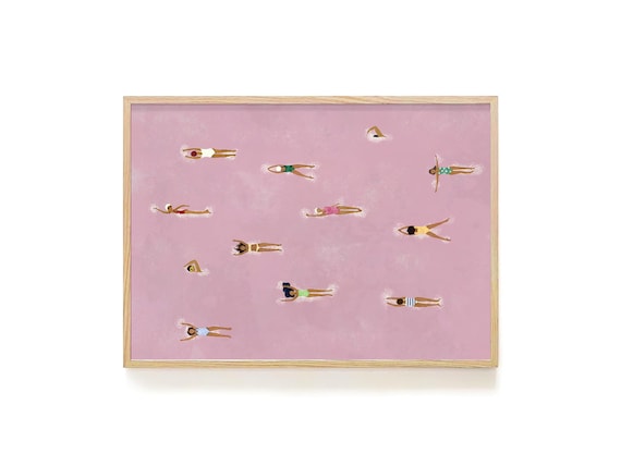 Pink Swimmers Print – Minimalist Beach House Art (Digital Download)